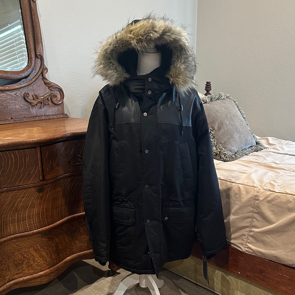 Sean John Men's Black Faux Fur-Trimmed Parka